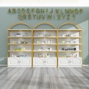 kệ tủ trưng bày mỹ phẩm mạ inox vàng gương