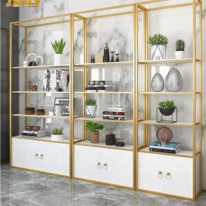 kệ tủ trưng bày mỹ phẩm inox mạ vàng